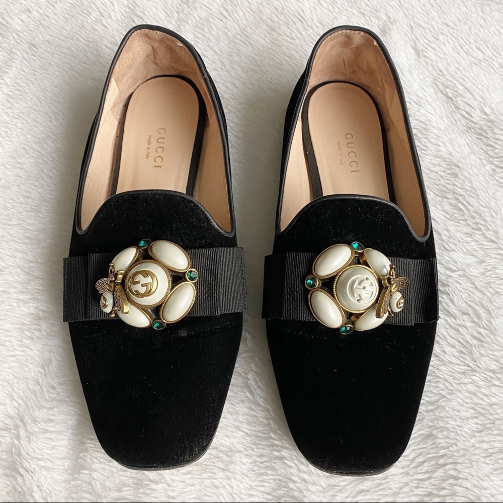 Gucci Black Velvet Loafers with Gold and Cream Accents
